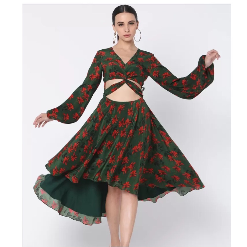 NEW Masaba Floral Print Cut-Out A-Line Dress in Green/Red, Size S